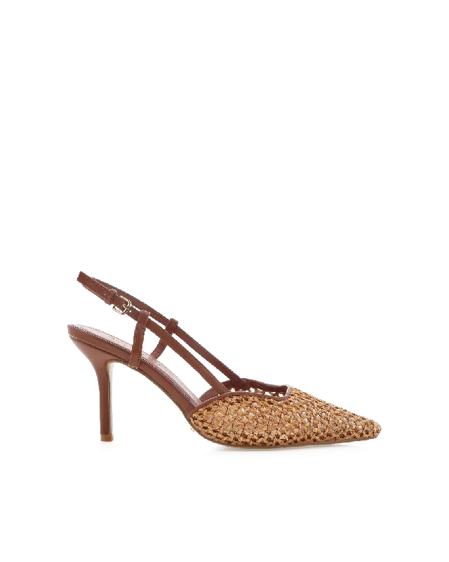 elegant women’s heels for formal events -KAMERON - DARK TAN-NATURAL RAFFIA