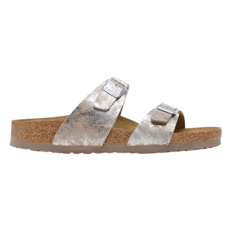 fashionable women’s summer footwear -Birkenstock Women's Sydney Washed Metallic Silver Birki