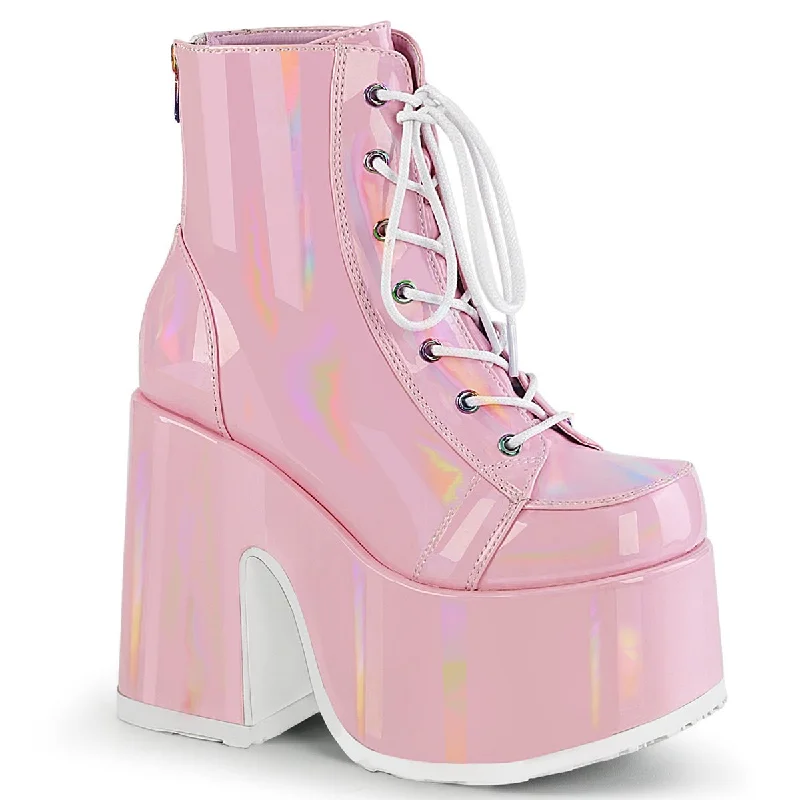 stylish women’s shoes for holiday gatherings -Demonia CAMEL-203 | Baby Pink Hologram Ankle Boots