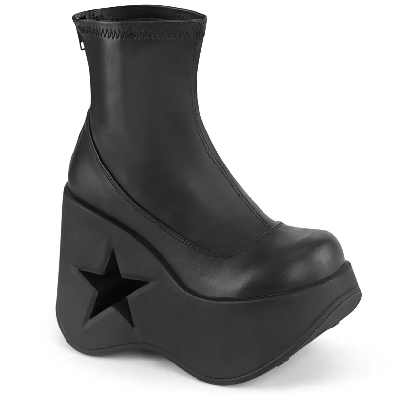 trendy wedges for women’s summer wardrobe -Demonia DYNAMITE-100 | Black Stretch Vegan Leather Ankle Boots