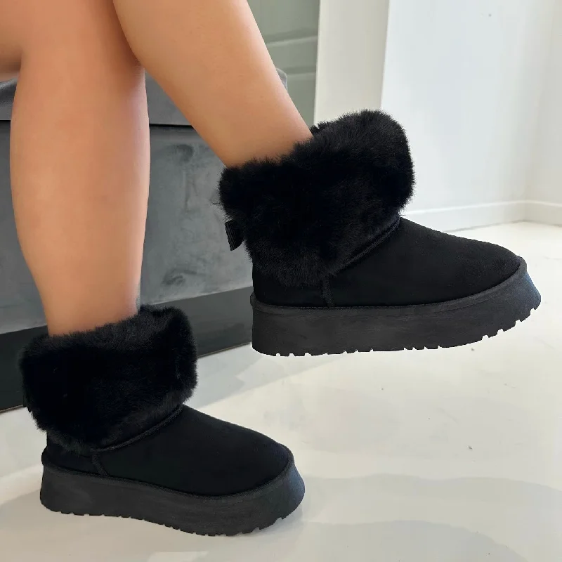 fashionable boots for women’s fall fashion -Talliah - Black Chunky Platform Faux Fur Boots