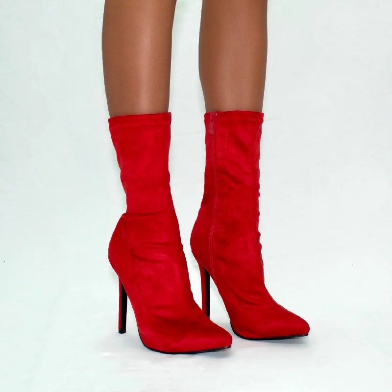 women’s ballet flats for casual style -Turner - Red Stretch Faux Suede Zip Up Stilletto Heel Ankle Boots