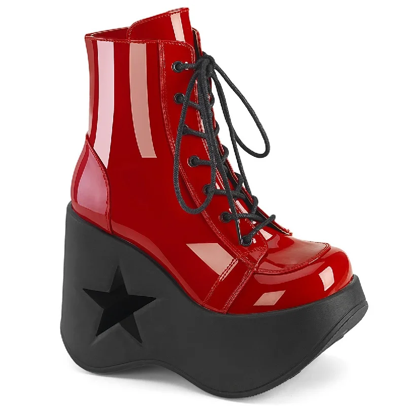 stylish women’s shoes for outdoor events -Demonia DYNAMITE-106 | Red Patent Leather Ankle Boots