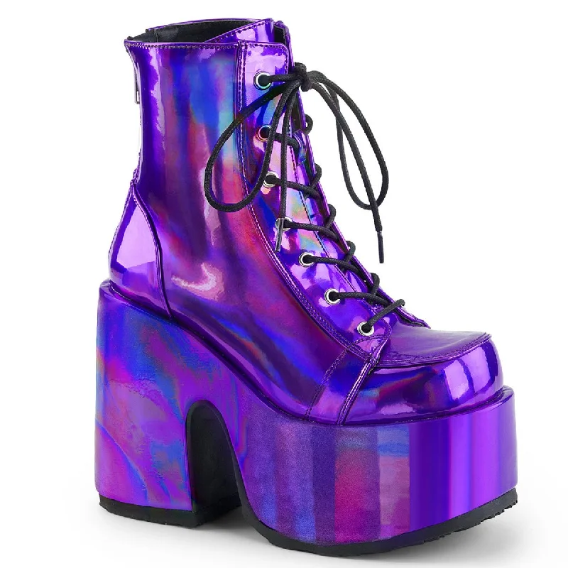 versatile women’s shoes for all-day wear -Demonia CAMEL-203 | Purple Hologram Vegan Leather Ankle Boots