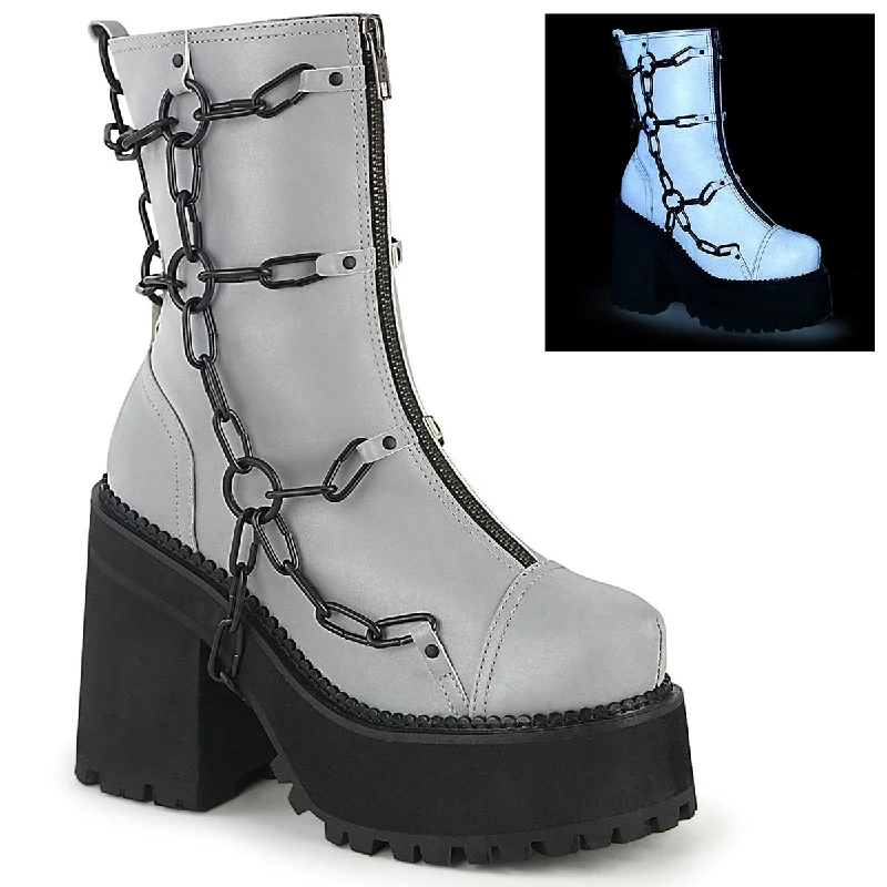 affordable women’s sneakers for everyday wear -Demonia ASSAULT-66 | Grey Reflective Vegan Leather  Ankle Boots