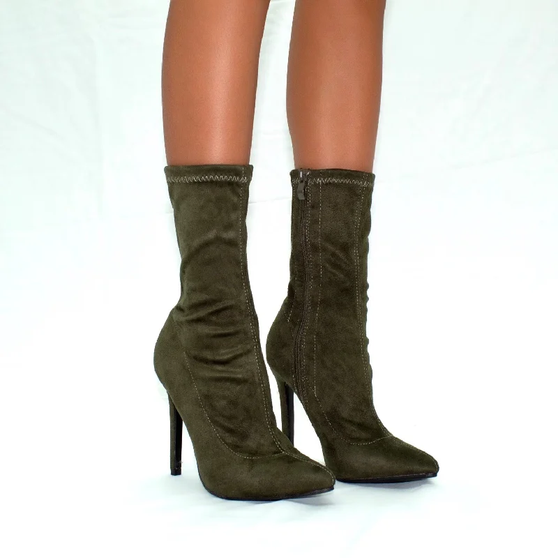 stylish women’s wedges for summer -Turner - Khaki Stretch Faux Suede Zip Up Stilletto Heel Ankle Boots