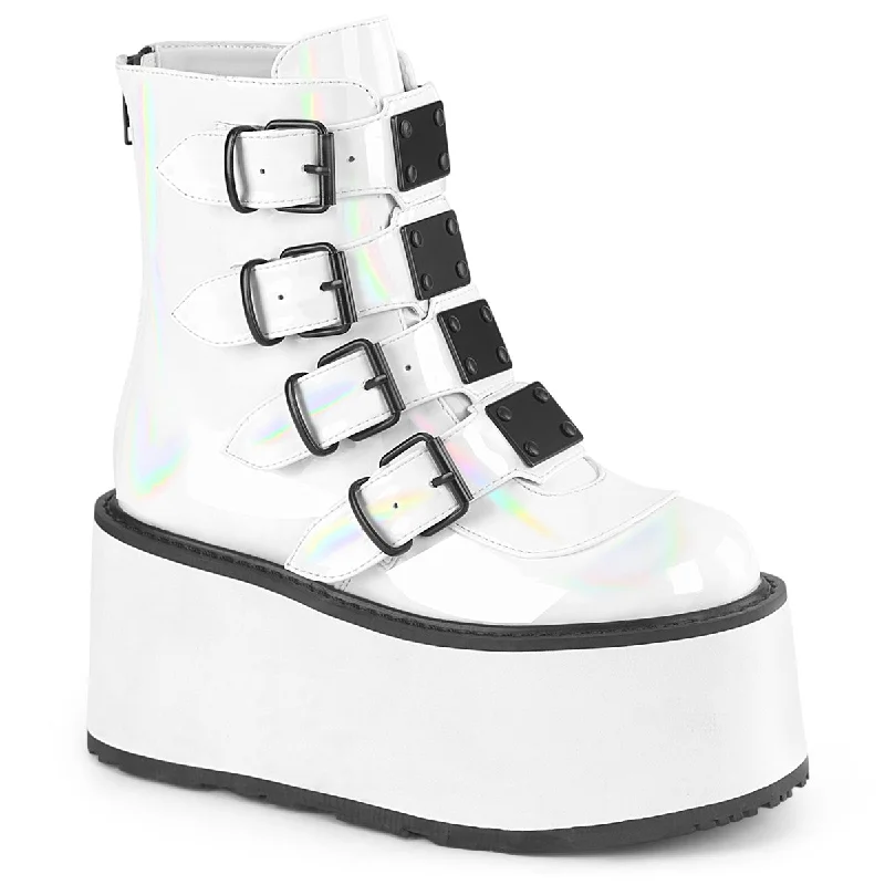 comfortable women’s shoes for travel -Demonia DAMNED-105 | White Holographic Patent Ankle Boots