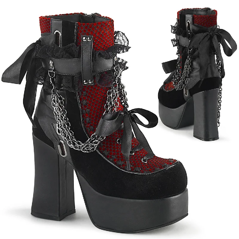 best women’s shoes for summer parties -Demonia CHARADE-110 | Blk & Red Velvet Fishnet Cover Ankle Boots