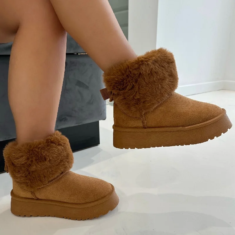 trendy sneakers for women’s casual style -Talliah - Chestnut Chunky Platform Faux Fur Boots