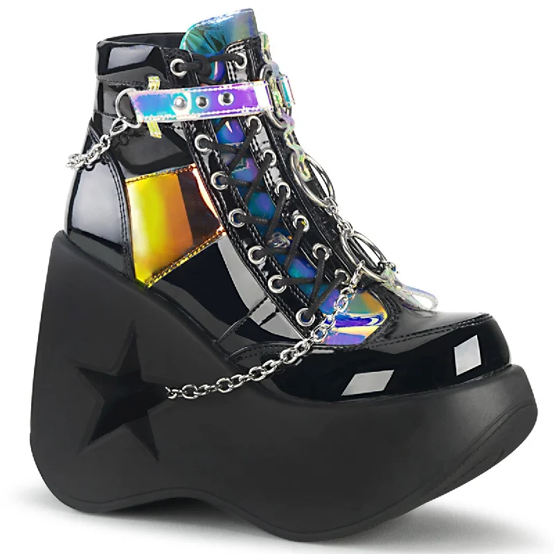 fashionable women’s work shoes -Demonia DYNAMITE-101 | Blk Patent & Magic Mirror TPU Ankle Boots