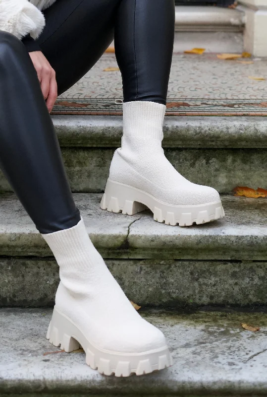 chic women’s boots for winter outfits -Monica - Cream Flyknit Sock Chunky Sole Ankle Boots