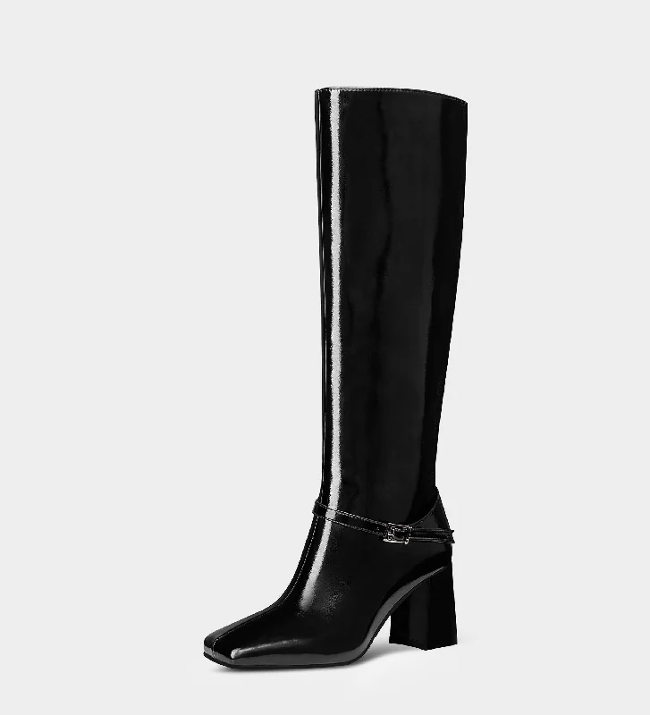 stylish women’s boots for casual outings -Square Toe Knee High Boots With Buckle Straps