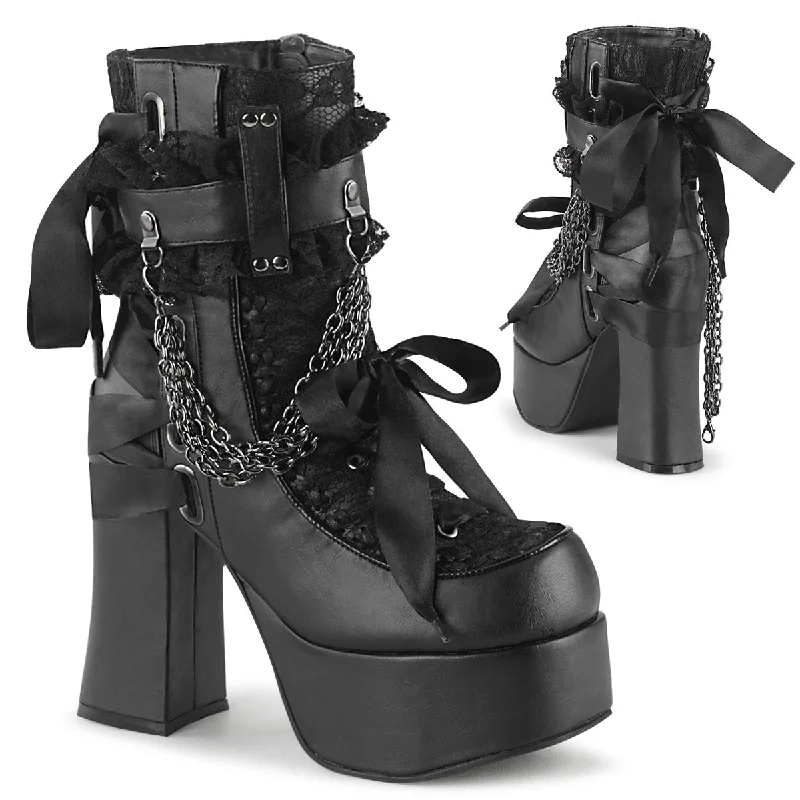 stylish women’s shoes for weddings -Demonia CHARADE-110 | Blk Vegan Leather & Lace Cover Ankle Boots