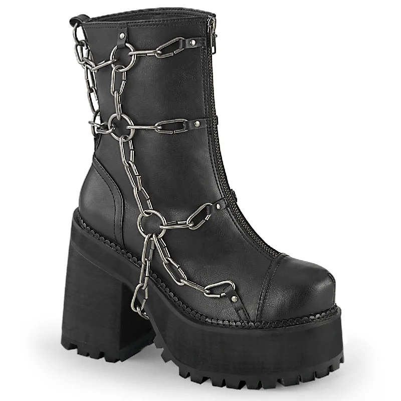 versatile women’s shoes for summer and fall -Demonia ASSAULT-66 | Black Vegan Leather Ankle Boots