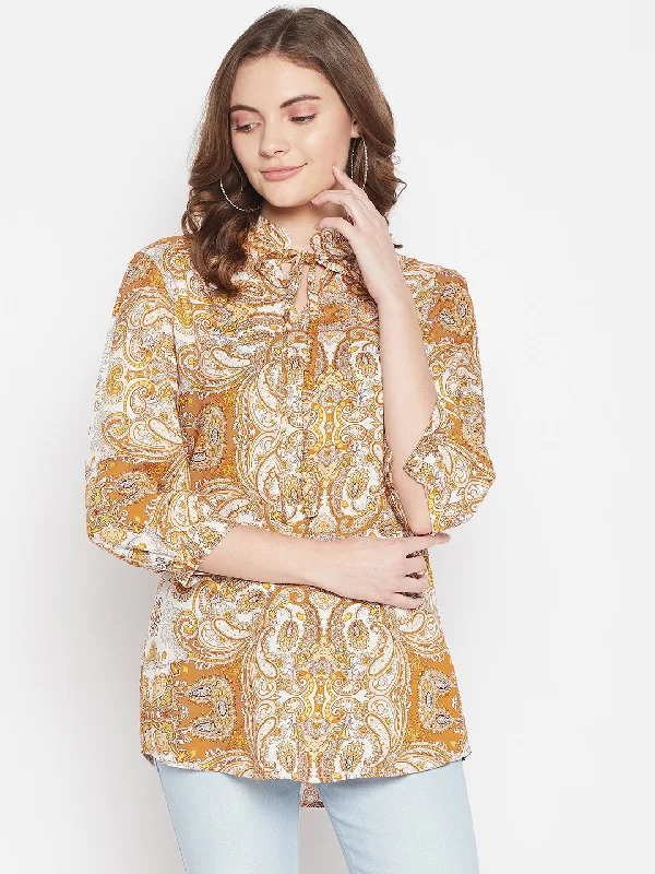 trendy women’s clothing for formal events -Women's Casual  Mustard Paisley Print Tie neck Tunic