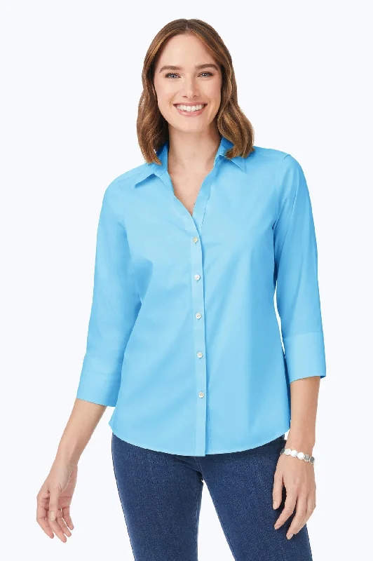 high-quality women’s tunic tops -Mary Stretch No Iron 3/4 Sleeve Shirt, Baltic Blue