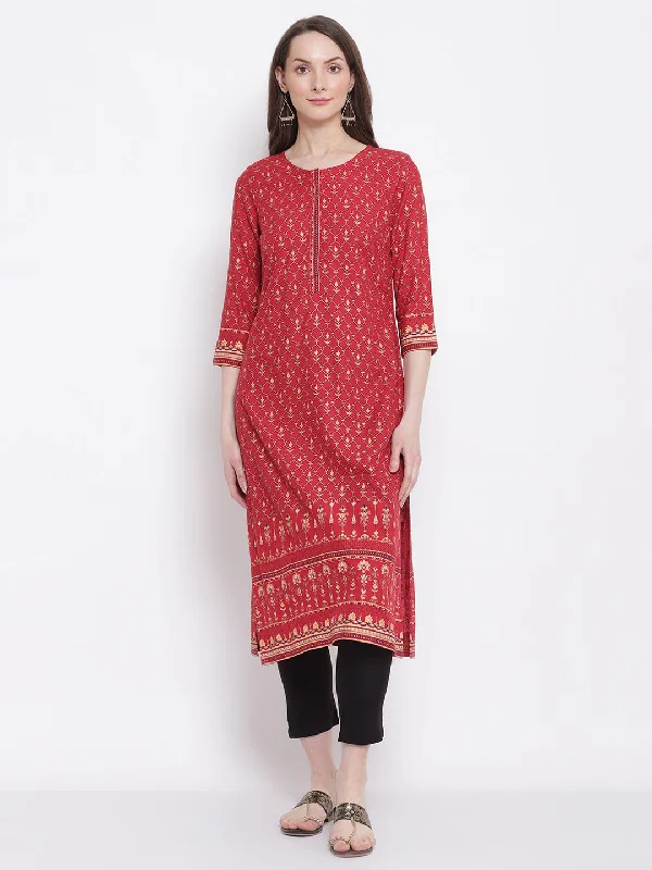 fashionable women’s winter coats -Women's Casual Round neck Maroon All Over Printed with border Calf length Kurti