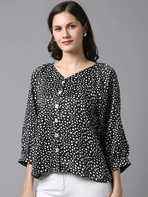 elegant dresses for women online -Women's Basic  Black Polka dot print V neck Top