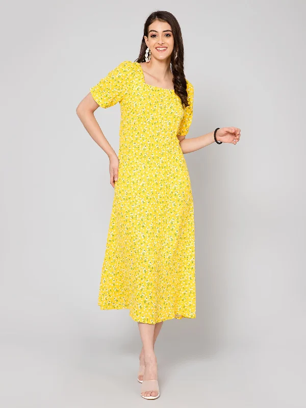 stylish women’s dresses for date nights -Women's Casual Square neck Yellow Ditsy Floral Print A line Dress