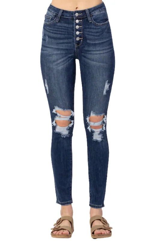 casual and chic women’s clothing sets -Button Fly Skinny Jean In Dark Denim