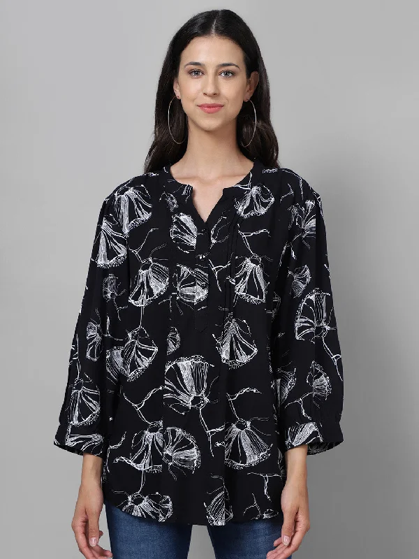 comfortable women’s sweaters for fall -Women's Casual  Black Floral Print Mandarin Collar Tunic