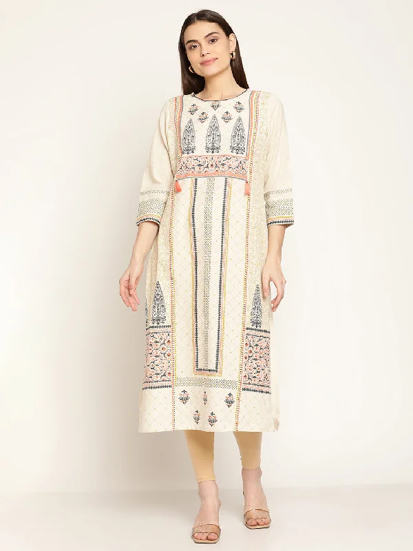 best women’s coats for winter style -Women's Casual Round neck Offwhite Printed & Embroidered Calf length Kurti