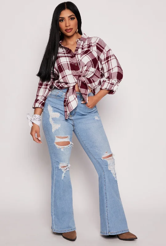 best women’s pants for spring and summer -Plaid Button Front Long Sleeve Shirt