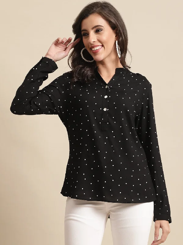 comfortable dresses for women on the go -Women's Casual  Black Polka dot Print Mandarin Collar Top