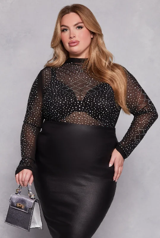 best women’s summer clothing outfits -Plus Size Mesh Rhinestone Studded Long Sleeve Top