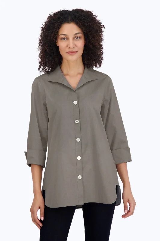 women’s clothing for casual outings -Pandora Pinpoint No Iron 3/4 Sleeve Tunic, Charcoal