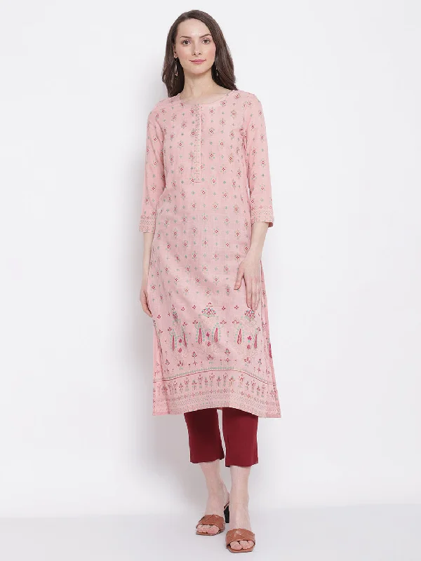 stylish women’s dresses for date nights -Women's Casual Round neck Pink All Over Printed with border Calf length Kurti