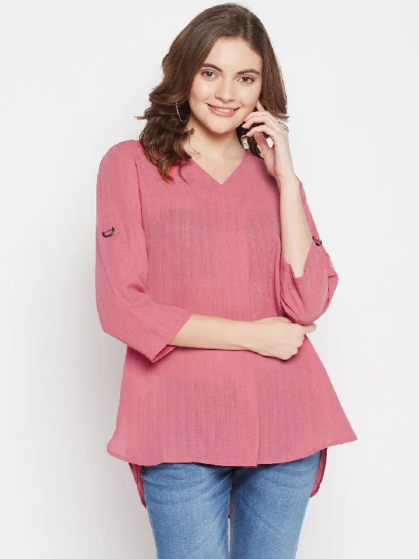 stylish women’s outerwear for winter -Women's Casual  Pink Solid V neck Tunic