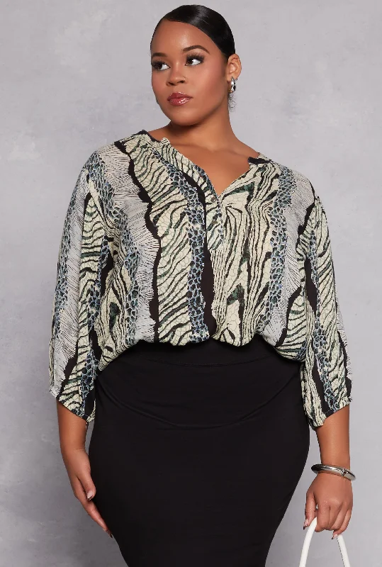 stylish women’s casual wear for 2025 -Plus Size Animal Print Long Sleeve Blouse