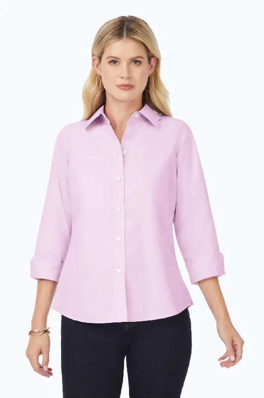 trendy women’s pants for spring -Gwen Pinpoint No Iron 3/4 Sleeve Scallop Shirt, Lilac Bloom