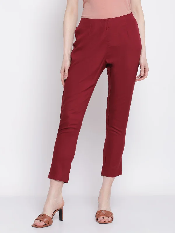 stylish women’s dresses for evening parties -Women's Regular Slim Fit Wine Flat Front Mid rise Ethnic Pant