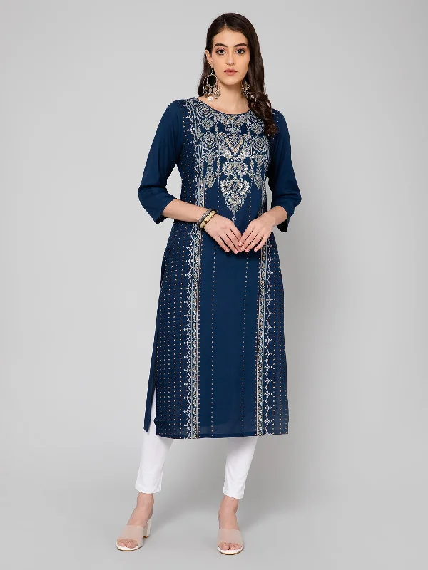 cozy women’s cardigans for fall -Women's Casual Round neck Navy Blue Printed & Embroidered Calf length Kurti