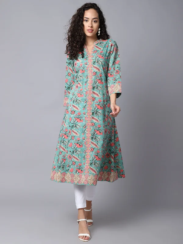 stylish women’s outerwear for winter -Women's Casual Band Collar Green All Over Printed with border Calf length Kurti