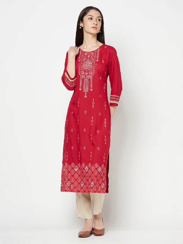 fashionable women’s jackets for winter -Women's Casual Round neck Red Printed Calf length Kurti