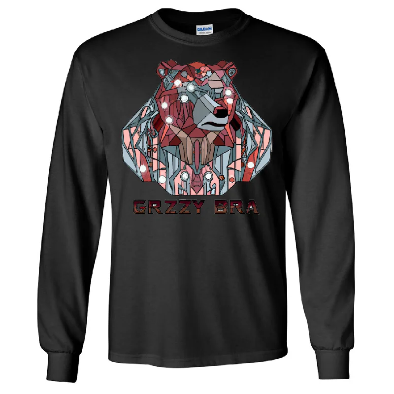 casual and chic women’s clothing sets -Stained Glass Cyborg Grizzly Bear GRZZY BRA Long Sleeve Shirt