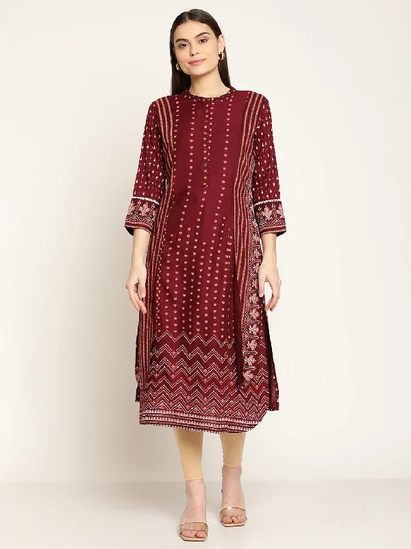 cute women’s skirts for weekend wear -Women's Casual Round neck Maroon Printed Calf length Kurti