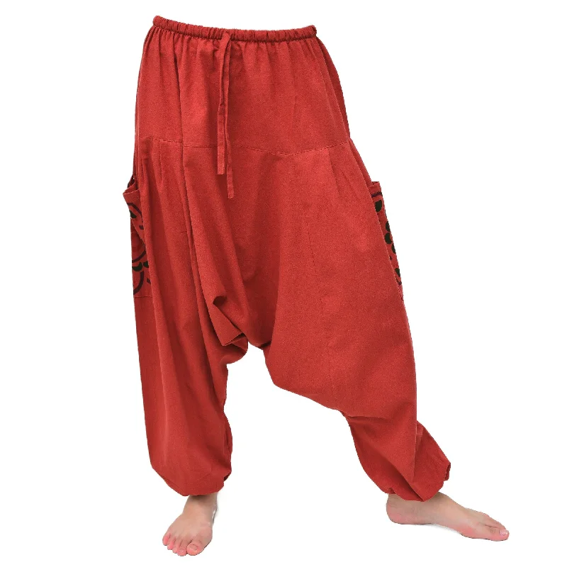 bohemian women’s clothing for festivals -Harem Pants Men Women Lounge Pants ॐ print Red