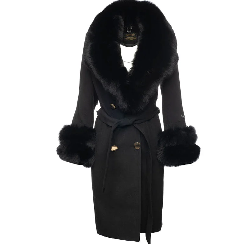 modern women’s jackets for casual outfits -Aria Black Chic long cashmere blend coat with fox fur