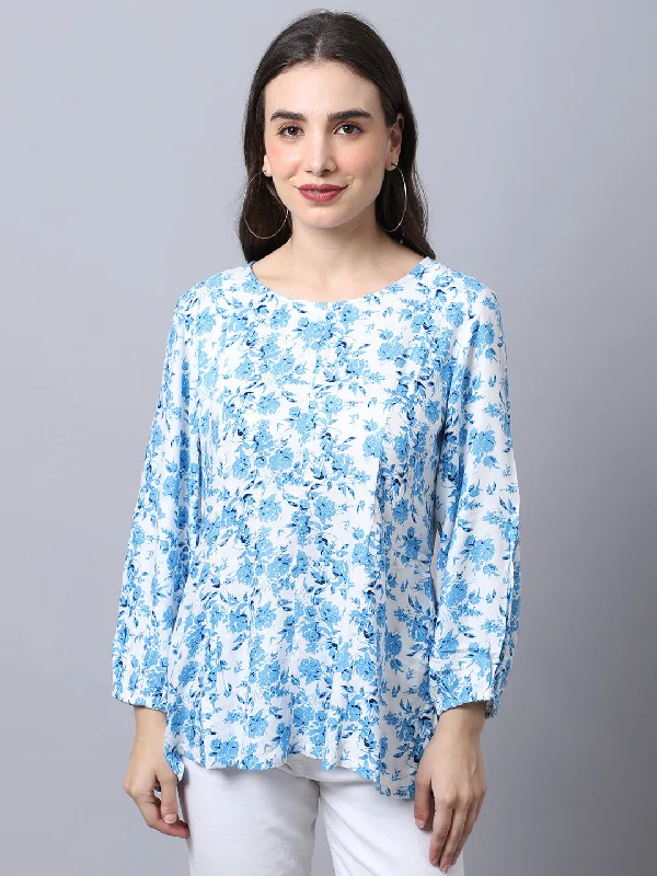 women’s elegant evening dresses online -Women's Casual  Blue Floral Print Round neck Top