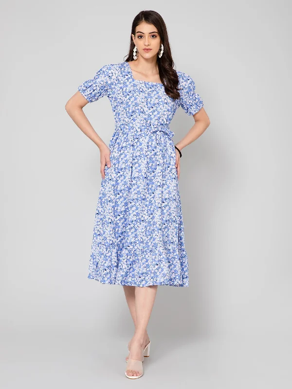 casual and chic women’s clothing sets -Women's Casual Square neck Blue Ditsy Floral Print Fit & Flared Dress