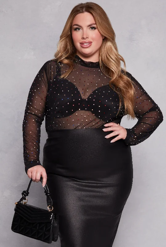 elegant dresses for women online -Plus Size Mesh Rhinestone Long Sleeve Top