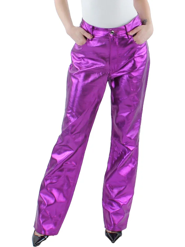 trendy pants for women in 2025 -Womens Faux Leather Metallic Straight Leg Pants