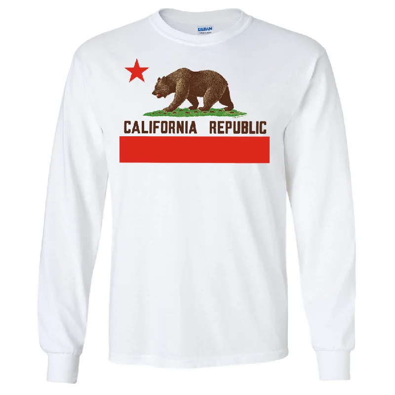 chic women’s sweaters for winter -Don Pimentel California Republic Bear Flag Brown Text Long Sleeve Shirt