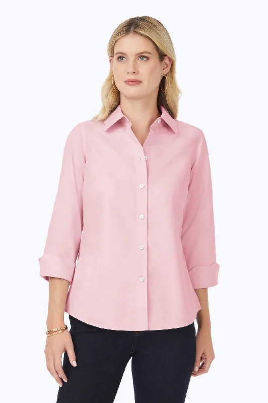 best women’s outfits for office wear -Gwen Pinpoint No Iron 3/4 Sleeve Scallop Shirt, Chambray Pink