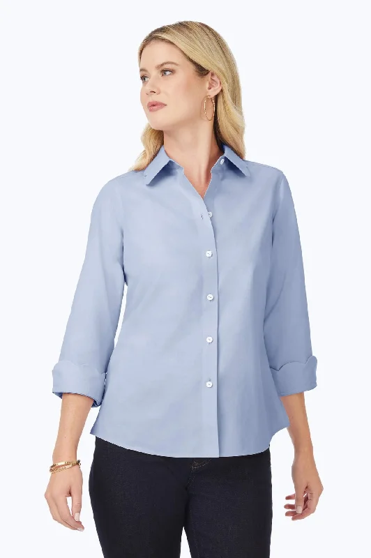 affordable plus-size clothing for women -Gwen Pinpoint No Iron 3/4 Sleeve Scallop Shirt, Blue Wave