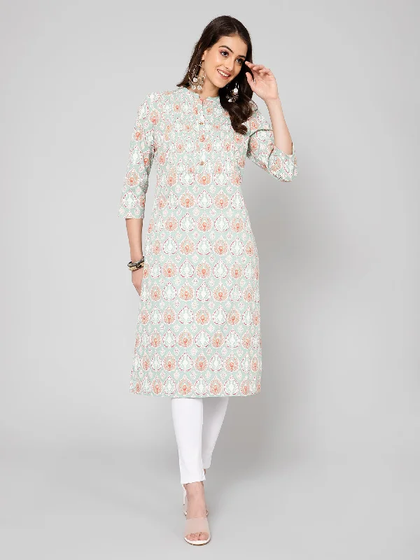 boho-chic women’s clothing for summer -Women's Casual Band Collar Mintgreen Printed   Knee length Kurti